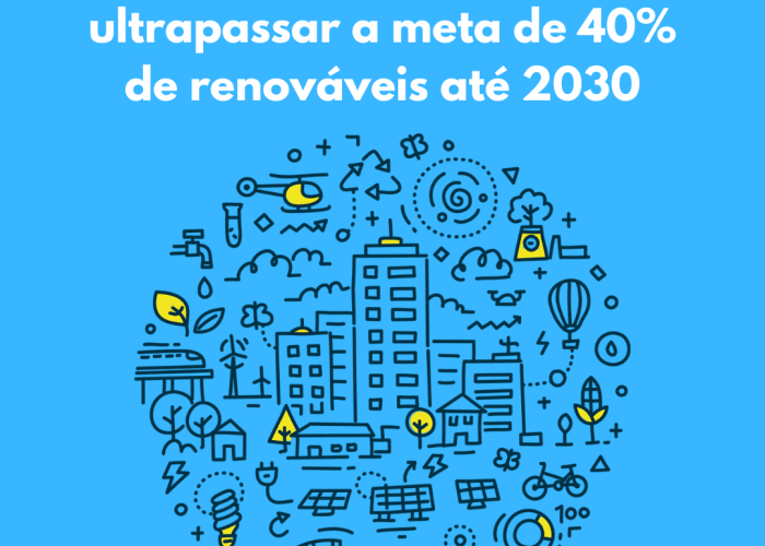 Cidade com painéis fotovoltaicos com o texto Saiba como a UE pretende ultrapassar a meta de 40% de renováveis até 2030
