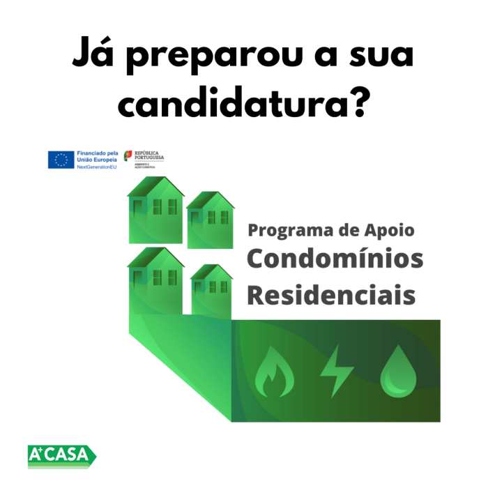 Logótipo com quatro edifícios verdes com o texto Já preparou a sua candidatura ao Programa de Apoio a Condomínios Residenciais?