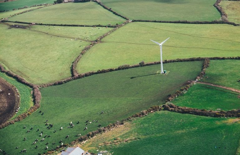 Turbina eólica numa planície verde, que representa o compromisso europeu com as renováveis e a sustentabilidade