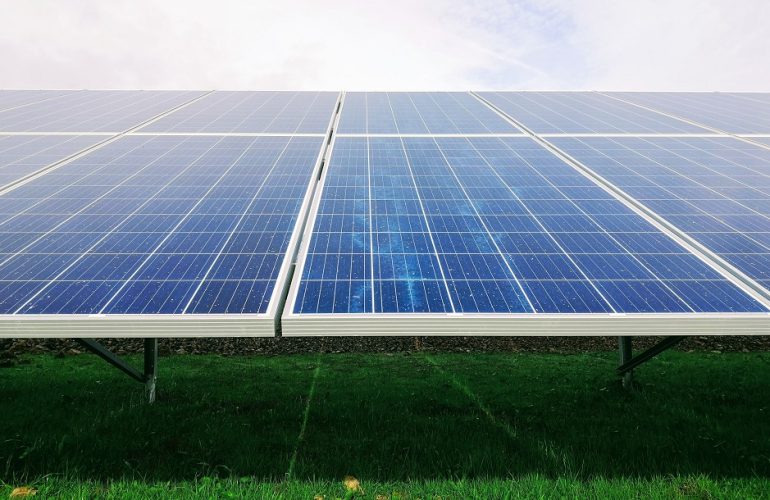 Painéis solares sobre a relva, cujo crescimento deverá acelerar os objetivos de produção fotovoltaica da UE